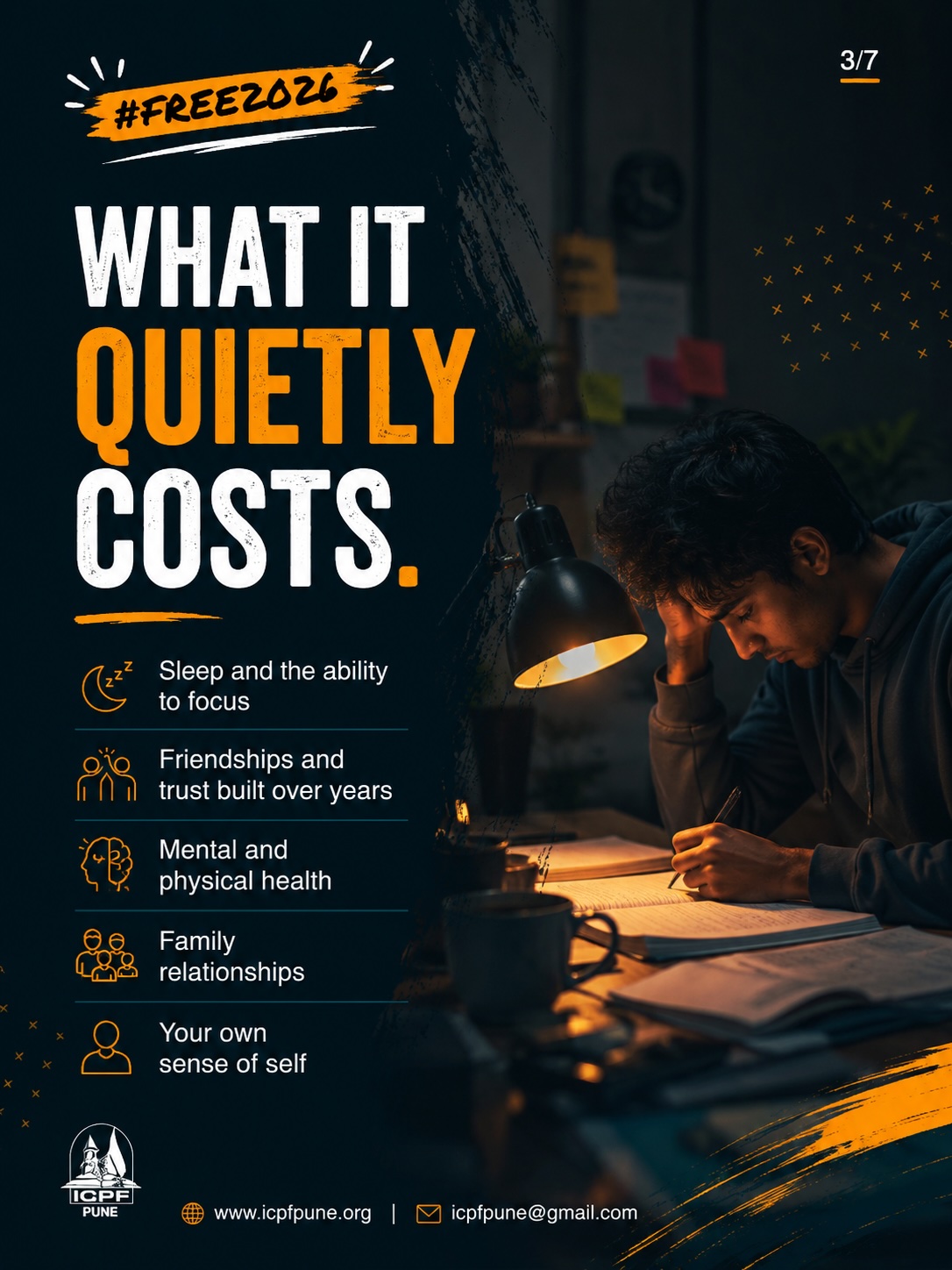 Slide 3 of 7 - What it quietly costs: sleep, focus, friendships, health, family, self.