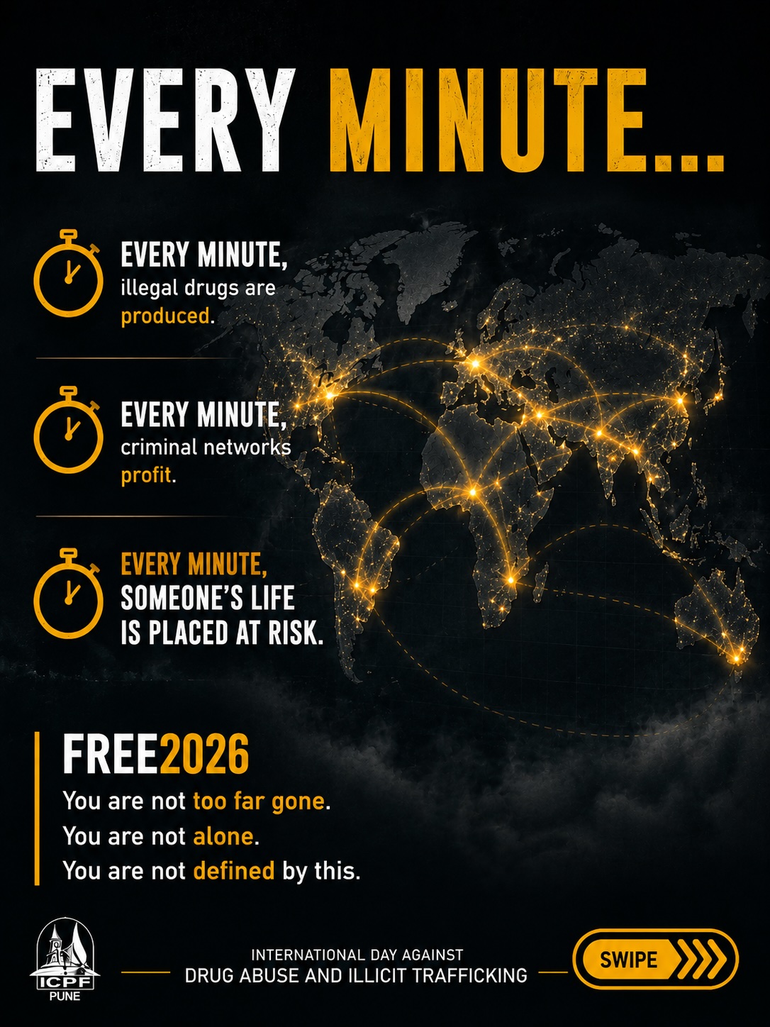 Slide 2 of 10 - Every minute: drugs produced, networks profit, lives at risk.